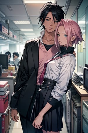 1girl with short pink hair and green eyes and small breast wearing office skirt named Sakura Haruno, 1boy with black hair and black eyes named Sasuke Uchiha, wearing office uniform, pov_hands, couple, harunoshipp, Sasukeanime,Sasuke Uchiha, office, couple_(romantic), Sakura holding onto Sasuke's necktie