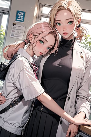 1girl with short pink hair and green eyes named Sakura Haruno in school uniform, 1woman with long blonde hair in two low ponytail and brown eyes named Tsunade Senju in teacher attire, mentorship, school, lesson, school uniform, harunoshipp,wearing acmmsayarma outfit