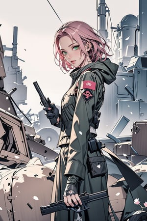 Sakura Haruno, pink hair, green eyes, military, military outfit, war, fire, gun, firearm, weapon, masterpiece, best quality