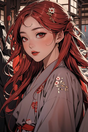 Karin Uzumaki, long red hair, red eyes, ancient asia, ancient china, ancient japan, chinese clothes, japanese clothes, accessories, gold, head accessories, masterpiece, best quality