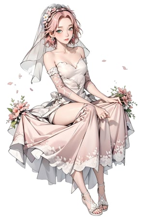 Sakura Haruno, pink hair, green eyes, bride, dress, flower, bridal dress, chapel, accessories, beauty, masterpiece, best quality