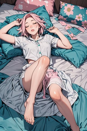 1girl with short pink hair and green eyes named Sakura Haruno, sleep, sleepy, sleepy eyes, napping, pillow, bedsheet, bedroom, harunoshipp,pure sleep