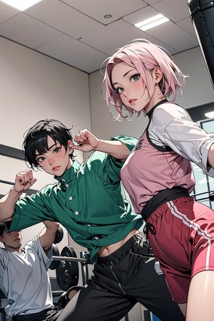 1girl with short pink hair and green eyes named Sakura Haruno, 1man with short black hair in a bowl cut and black eyes named Rock Lee, gym, fitness, fit, training, martial arts, fight, harunoshipp,Fit girl