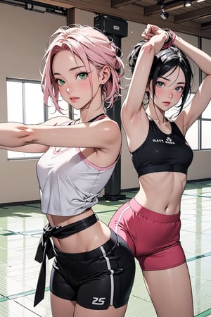 2girls, 1girl with short pink hair and green eyes named Sakura Haruno, 1girl with short black hair and black eyes named Shizune, training, martial arts, stretching, stretch , kata, haruno sakura,Female Fit body,Fit girl,fitballv2,Ringfittrainee