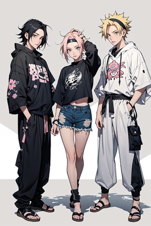 1girl, 2boys, 1girl with short pink hair and green eyes named Sakura Haruno, 1boy with black hair and black eyes named Sasuke Uchiha, 1boy with blond hair and blue eyes named Naruto Uzumaki, friends, team 7, street fashion, fashion, catwalk, posing, pose, accessories, fierce look, harunoshipp, Sasukeanime, hairband,Sasuke Uchiha ,Naruto uzumaki , forehead protector