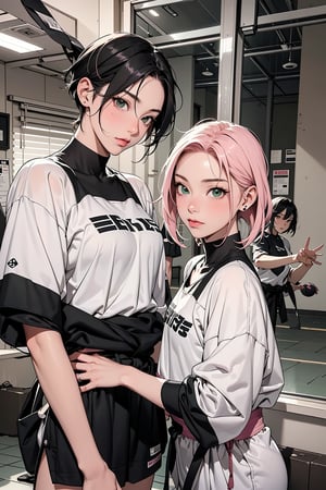 2girls, 1girl with short pink hair and green eyes named Sakura Haruno, 1girl with short black hair and black eyes named Shizune, training, martial arts, stretching, stretch , kata, haruno sakura,Female Fit body,Fit girl,fitballv2,Ringfittrainee