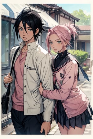 1girl with short pink hair and green eyes and small breast wearing high school uniform named Sakura Haruno, 1boy with black hair and black eyes named Sasuke Uchiha, wearing high school uniform, looking into camera, couple, harunoshipp, Sasukeanime,Sasuke Uchiha, school_uniform, school,school uniform,black hair