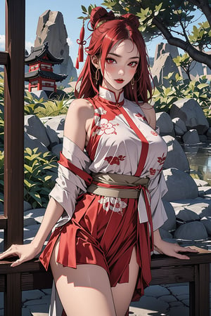 Karin Uzumaki, long red hair, red eyes, ancient asia, ancient china, ancient japan, chinese clothes, japanese clothes, accessories, gold, head accessories, masterpiece, best quality