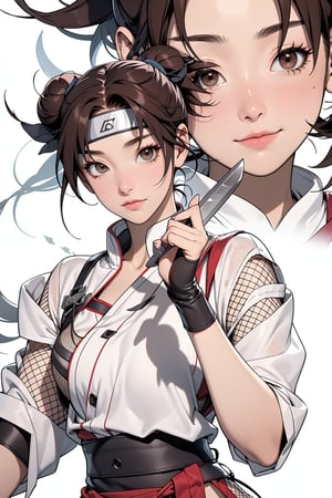 Tenten, brown hair in two buns, brown eyes, ninja, shinobi, fishnet, weapon, kunai, shuriken, masterpiece, best quality