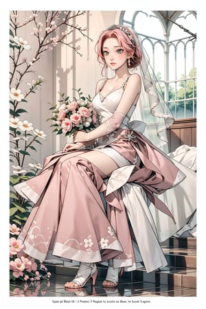 Sakura Haruno, pink hair, green eyes, bride, dress, flower, bridal dress, chapel, accessories, beauty, masterpiece, best quality