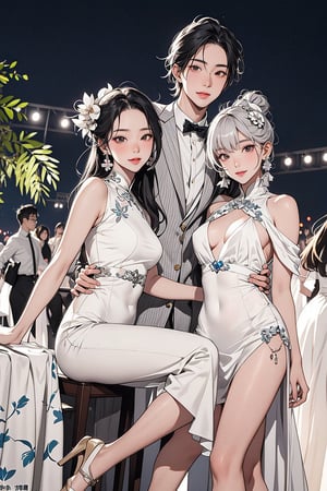 2girls, 1man, asian, elegant, gala, event, festival, chic, beautiful, friends, formal, realyuki0.3,Asian man,lolitagothi