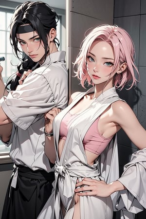 1girl with short pink hair and green eyes named Sakura Haruno, 1man with long black hair and grey eyes named Neji Hyuuga, ninja, shinobi, partner, training, action_pose, harunoshipp, Asian man, forehead protector, sleeveless shirt,Ninja,ruanyi0156,white bathrobe,bubble bath