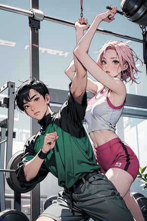 1girl with short pink hair and green eyes named Sakura Haruno, 1man with short black hair in a bowl cut and black eyes named Rock Lee, gym, fitness, fit, training, martial arts, fight, harunoshipp,Fit girl