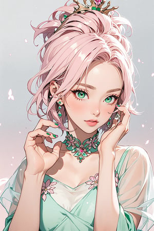 1girl with short pink hair and green eyes named Sakura Haruno, princess, jewelry, headwear, royalty, royal, colored_nails, dress, festive, traditional, harunoshipp,HUD_spr_armr,DP, long (chiffon dress)