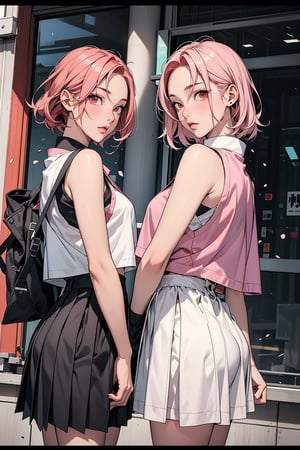 2 girls, 1girl with short pink hair and green eyes named Sakura Haruno, 1girl with long red hair and red eyes named Karin Uzumaki, school. high school, high school uniform, school_uniform, rival, fierce look, harunoshipp forehead protector, sleeveless shirt,Karin uzumaki,Karin,Karin_Uzumaki,school uniform