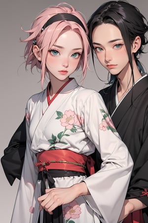 1girl with short pink hair and green eyes named Sakura Haruno, 1man with long black hair and grey eyes named Neji Hyuuga, asian_clothing, chinese_clothes, japanese_clothes, ancient china, ancient japan, traditional, harunoshipp,hanfu,long skirt, hairband,Asian man, forehead protector