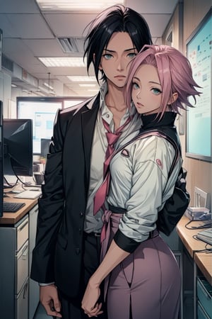 1girl with short pink hair and green eyes and small breast wearing office skirt named Sakura Haruno, 1boy with black hair and black eyes named Sasuke Uchiha, wearing office uniform, pov_hands, couple, harunoshipp, Sasukeanime,Sasuke Uchiha, office, couple_(romantic), Sakura holding onto Sasuke's necktie,Office Lady