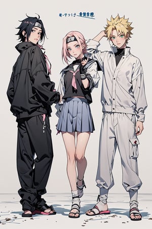 1girl, 2boys, 1girl with short pink hair and green eyes named Sakura Haruno, 1boy with black hair and black eyes named Sasuke Uchiha, 1boy with blond hair and blue eyes named Naruto Uzumaki, friends, high school, school uniform, school, classroom, team 7, harunoshipp, Sasukeanime, hairband,Sasuke Uchiha ,Naruto uzumaki 