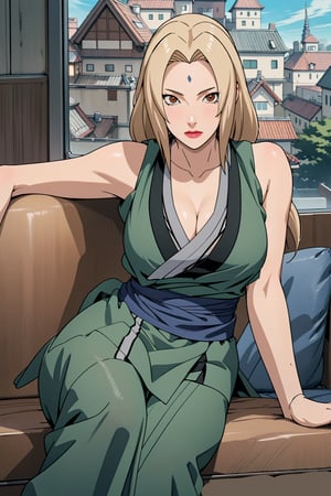 Tsunade, Tsunade Senju, long blonde hair, brown eyes, ninja, shinobi, fishnet, strong, masterpiece, best quality