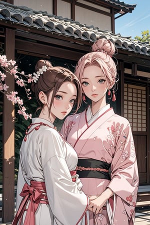 1girl with short pink hair and green eyes and small breast named Sakura Haruno in traditional dress, 1girl with brown hair with two twin buns and brown eyes named Tenten in traditional dress, harunoshipp, Japanese art, hair ornament, necklace, jewelry, traditional_japanese_clothes, servants,Tenten,hanfu,blue_dress dress,Chinese style,haruno sakura,chinese_hairstyle
