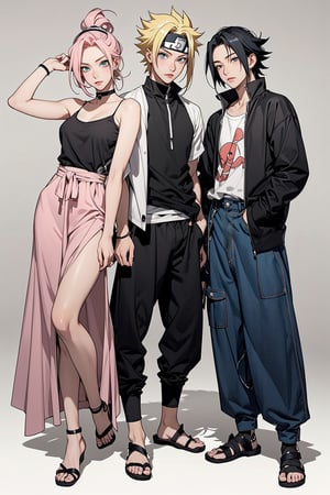 1girl, 2boys, 1girl with short pink hair and green eyes named Sakura Haruno, 1boy with black hair and black eyes named Sasuke Uchiha, 1boy with blond hair and blue eyes named Naruto Uzumaki, friends, team 7, street fashion, fashion, catwalk, posing, pose, accessories, fierce look, harunoshipp, Sasukeanime, hairband,Sasuke Uchiha ,Naruto uzumaki , forehead protector