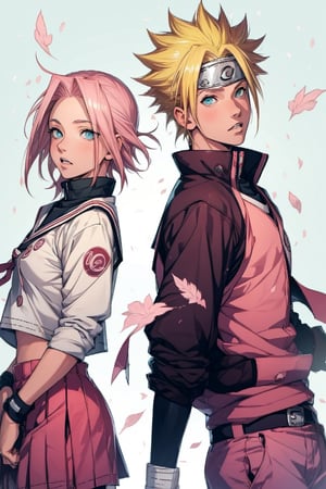 1girl with short pink hair and green eyes small breasts named Sakura Haruno wearing school uniform, 1boy with short blond hair and blue eyes named Naruto Uzumaki wearing school uniform, fun, school_uniform, class_room, harunoshipp, haruno sakura,Naruto uzumaki, CNHS