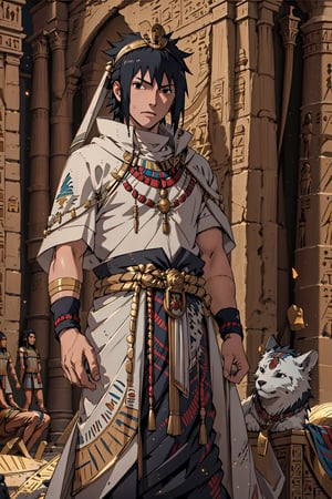 Sasuke Uchiha, black hair, black eyes, egypt, egyptian, egypt clothes, ancient egypt, royalty, accessories, gold, male, masterpiece, best quality