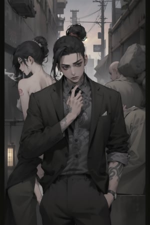 Shikamaru, Shikamaru Nara, long black hair, black eyes, yakuza, ganster, mafia, tattoo, smoking, masterpiece, best quality