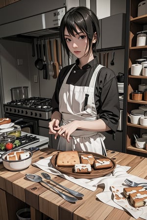 Shizune, short black hair, black eyes, cooking, baking, apron, kitchen, masterpiece, best quality