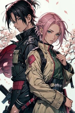 1girl with short pink hair and green eyes and small breast wearing military uniform named Sakura Haruno, 1boy with black hair and black eyes named Sasuke Uchiha, wearing military uniform, looking_at_viewer, firearms, couple, harunoshipp, Sasukeanime,Sasuke Uchiha, military_uniform, weapon, couple_(romantic),Military