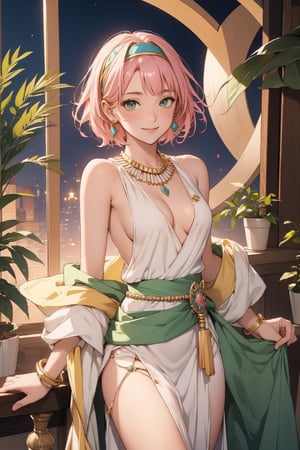 1girl, solo, small breasts, looking at viewer, smile, bangs, green eyes, pink hair, short hair, dress, cleavage, jewelry, cowboy shot, hairband, earrings, necklace, bracelet, no bra, sideboob, ring, gem, armlet, white dress, gold, yellow hairband,harunoshipp, sleeveless shirt, harunonewera, forehead mark, egypt dress, sleeveless,egyptian clothes,haruno sakura, black sash,egypt