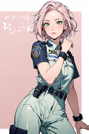 1girl with short pink hair and green eyes named Sakura Haruno in police uniform, police_uniform, cop, police_officer, police, fierce look, handcuffs, harunoshipp,PolicewomanAkiko,ValkyriePoliceStudent,lemon0001,miniskpori