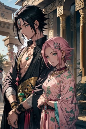 1girl with short pink hair and green eyes wearing egpyt-style dress named Sakura Haruno, 1boy with black hair and black eyes named Sasuke Uchiha, both having hair ornaments and jewelry, necklace, wearing egypt clothes, looking at each other, royalty, harunoshipp, Sasukeanime
