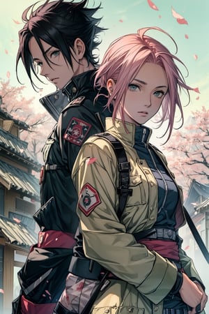 1girl with short pink hair and green eyes and small breast wearing military uniform named Sakura Haruno, 1boy with black hair and black eyes named Sasuke Uchiha, wearing military uniform, looking_at_viewer, firearms, couple, harunoshipp, Sasukeanime,Sasuke Uchiha, military_uniform, weapon, couple_(romantic),Military