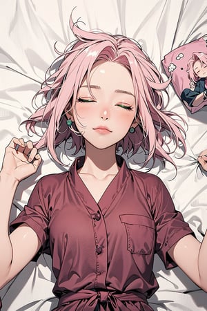 1girl with short pink hair and green eyes named Sakura Haruno, sleep, eyes_closed, asleep, napping, closed eyes, bedsheet, bedroom, harunoshipp,pure sleep