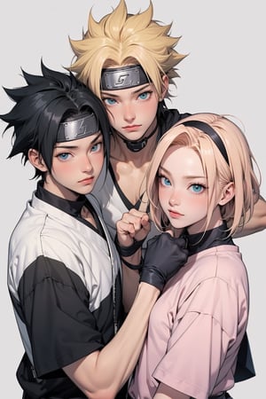 1girl, 2boys, 1girl with short pink hair and green eyes named Sakura Haruno, 1boy with black hair and black eyes named Sasuke Uchiha, 1boy with blond hair and blue eyes named Naruto Uzumaki, friends, team 7, gym, fit, fitness, training, martial arts, harunoshipp, Sasukeanime, hairband,Sasuke Uchiha ,Naruto uzumaki , forehead protector