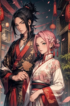 1girl with short pink hair and green eyes and small breast wearing chinese-styled dress named Sakura Haruno, 1boy with black hair and black eyes named Sasuke Uchiha, both having hair ornaments and jewelry, necklace, wearing chinese-styled clothes, looking into camera, couple, royalty, harunoshipp, Sasukeanime,Sasuke Uchiha, ancient china,ancient_beautiful