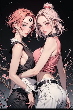 2 girls, 1girl with short pink hair and green eyes named Sakura Haruno, 1girl with long red hair and red eyes named Karin Uzumaki, ninja, shinobi, kunoichi, fishnet, harunoshipp forehead protector, sleeveless shirt,Karin uzumaki,Karin,Karin_Uzumaki,