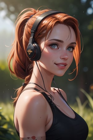 comic bock illustration, beautiful caramel eyes, braids in a long ponytail lara croft alike, orange hair, vibrant colors, highly detailed, digital painting, Style-Gravitymagic, artstation, smooth, sharp focus,(masterpiece), (realistic), 8k, RAW photo, very wide shot, octane render, unreal engine, volumetrics dtx, (film grain, bokeh, blurry foreground), with a military sweeter, tiny nose, white skin, with woods on the background, with a hamburger t shirt, 8k closeup portrait, smiling cute ,Black, stong delicate female body, posing, headset on her neck, a dog in the background
