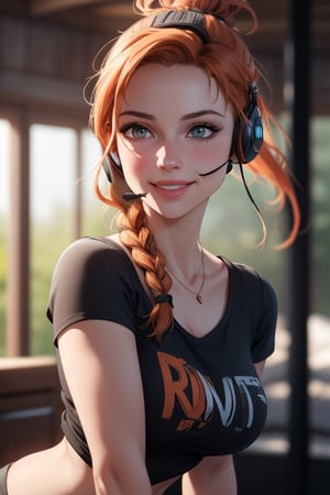comic bock illustration, beautiful caramel eyes, braids in a long ponytail lara croft alike, orange hair, vibrant colors, highly detailed, digital painting, Style-Gravitymagic, artstation, smooth, sharp focus,(masterpiece), (realistic), 8k, RAW photo, very wide shot, octane render, unreal engine, volumetrics dtx, (film grain, bokeh, blurry foreground), with a military sweeter, tiny nose, white skin, with woods on the background, with a hamburger t-shirt, 8k closeup portrait, smiling cute showing no teeth ,Black, stong delicate female body, posing, headset on her neck hanging, a dog in the background, 27 years old, medium size breast


