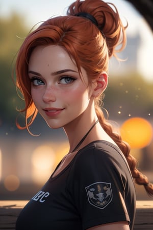 comic bock illustration, 8k portrait, beautiful caramel eyes, braids in a long ponytail lara croft alike, orange hair, vibrant colors, highly detailed, digital painting, Style-Gravitymagic, artstation, smooth, sharp focus,(masterpiece), (realistic), 8k, RAW photo, very wide shot, octane render, unreal engine, volumetrics dtx, (film grain, bokeh, blurry foreground), with a military sweeter, tiny nose, white skin, with woods on the background, with a hamburger t shirt, 8k closeup portrait, smiling cute ,Black, stong delicate female body, posing,3D