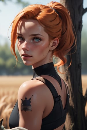 comic bock illustration, 8k portrait, beautiful caramel eyes, braidss in a large ponytail lara croft alike, orange hair, vibrant colors, highly detailed, digital painting, Style-Gravitymagic, artstation, smooth, sharp focus,(masterpiece), (realistic), 8k, RAW photo, very wide shot, octane render, unreal engine, volumetrics dtx, (film grain, bokeh, blurry foreground), with a military sweeter, with a sheppard dog by her side, tiny nose, white skin, with woods on the background, with a hamburger t shirt, 8k closeup portrait