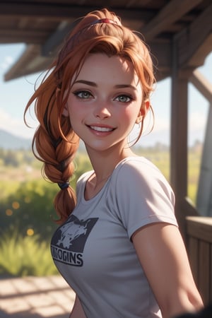 comic bock illustration, beautiful caramel eyes, braids in a long ponytail lara croft alike, orange hair, vibrant colors, highly detailed, digital painting, Style-Gravitymagic, artstation, smooth, sharp focus,(masterpiece), (realistic), 8k, RAW photo, very wide shot, octane render, unreal engine, volumetrics dtx, (film grain, bokeh, blurry foreground), with a military sweeter, tiny nose, white skin, with woods on the background, with a hamburger t-shirt, 8k closeup portrait, smiling cute showing no teeth ,Black, stong delicate female body, posing, a dog in the background, 27 years old, medium size breast

