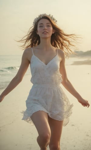 A woman with deep blue eyes and long, leap on the beach with legs split near a straight line in the air, arms open to embrace the breeze, flowing hair decorated with a crown of daisies. She is dressed in a simple, white cotton dress. The background shows a blurred beach scene with gentle waves and a golden sunset.,Shinobu_RT_flux