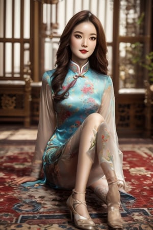 8k ultra high resolution, girl, wearing  vintage print Cheongsam Collar Goth Thigh-high Slit long Qipao, wavy hair, slim long hour-glass body shape, (RAW photo, best quality), photorealistic, sitting on her legs, over an elegant persian carpet full_body, (soft lighting), close view, DD_v1,photorealistic,realistic,nodf_lora,Mecha body,tranzp