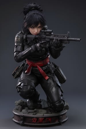 Resin action figure about a very beautiful girl, black hair, elegant hair bun, black eyes, elegant, full body, obi, intense look as in a duet,  \(perfect anatomy)\, combat suit design, highly detailed, anime girl, knelt down on one knee, holding semiauto weapon close to face, in shooting stance, masterpiece, 8k, stunning image, Tifa_flux,resin