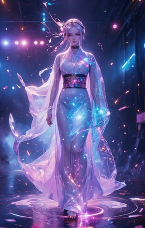 A futuristic fashion runway concept with a beautiful  woman in the center. She is wearing a traditional Japanese kimono witha futuristic twist. The kimono is made of translucent, glowing fabric and features wide, flowing sleeves, an elegantly tied obi sash, and a floor-length skirt. The garment is intricately embedded with LED patterns that showcase traditional Japanese motifs such as cherry blossoms, waves, cranes, and bamboo. The dress also has an ethereal, complex asymmetric blue pattern that glows and projects across the entire outfit. She has platinum blonde hair styled with straight bangs and an intricate braided hairstyle featuring a diamond pattern and multiple small braids. She is adorned with a large, gorgeous choker, and a floral headdress featuring an abundance of flowers in various colors. In her hand, she holds a traditional Japanese fan.,glowing,bright,luminous skin,glowing brightly,warm light,radiant,soft,glowing skin and vibrant, luminous features,glowing visual effects,glowing particles,neon,yoruichi_v2_flux,glowingstyle,Sparkle Glowing 