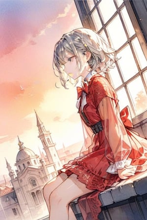 4k ultra high resolution, mature female gazing at the horizon next to the large windows, masterpiece, best quality, aesthetic, gray hair, one piece red lace dress, the loose dress covers the whole legs , bow tie on waist, 1girl, warm sunset light casted from the side, close view, masterpiece, best quality, masterpiece, best quality, aesthetic,watercolor \(medium\),wat3rc0l0r,1boy,xlinex,linewatercolorsdxl