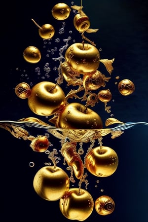 many big apples dropping into the water, 4k high resolution, fractcal art background,  gilded apples, glowing gold,Animal