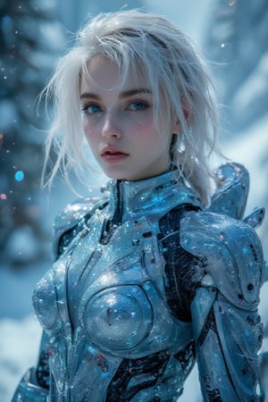 Best picture quality, high resolution, 8k, sharp focus, image of elegant lady, supermodel, pure white hair, blue eyes, wearing high-tech cyberpunk, radiant Glow, sparkling suit, mecha, perfectly customized high-tech suit, ice theme, custom design, 1girl, swordup, looking at viewer, Pixel Art.,Tifa_flux,VNS_Add more details